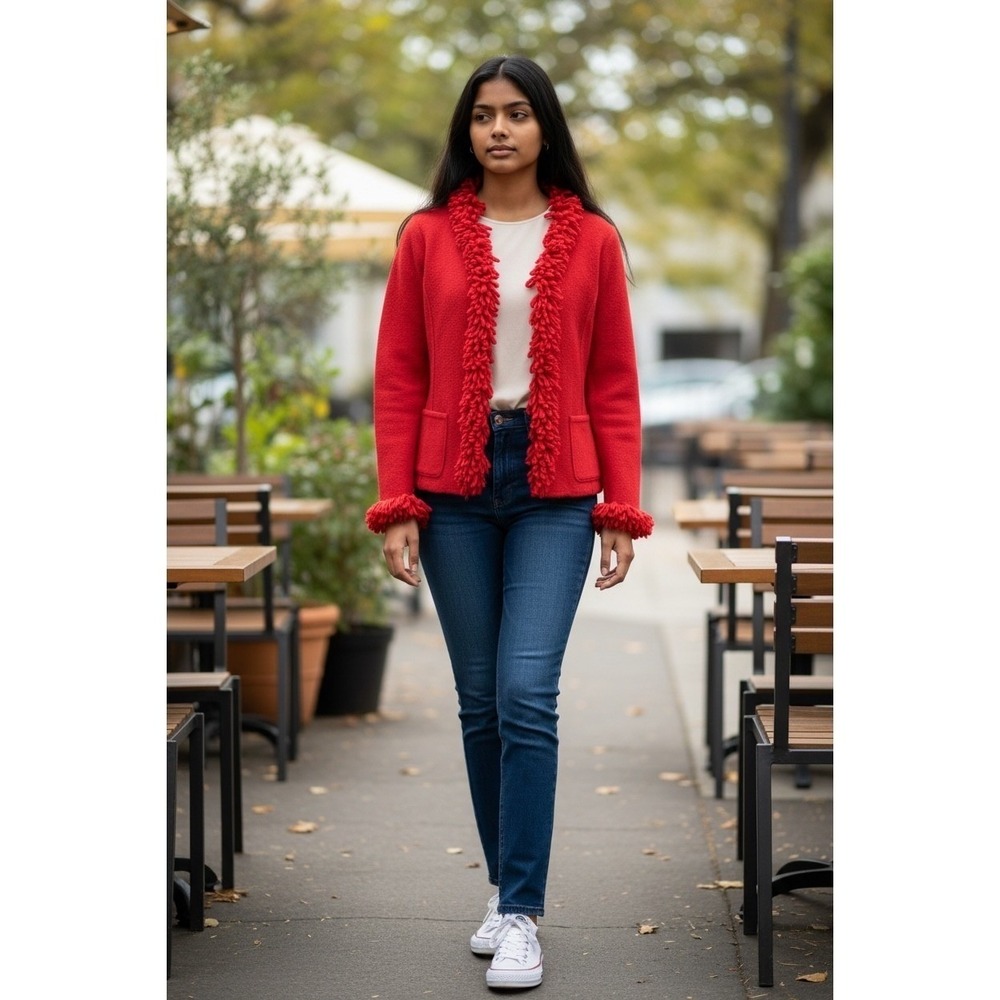 Nouveaux Petite Long Sleeve Red Wool Loopy Fringe Open Front Cardigan Jacket‎ PP